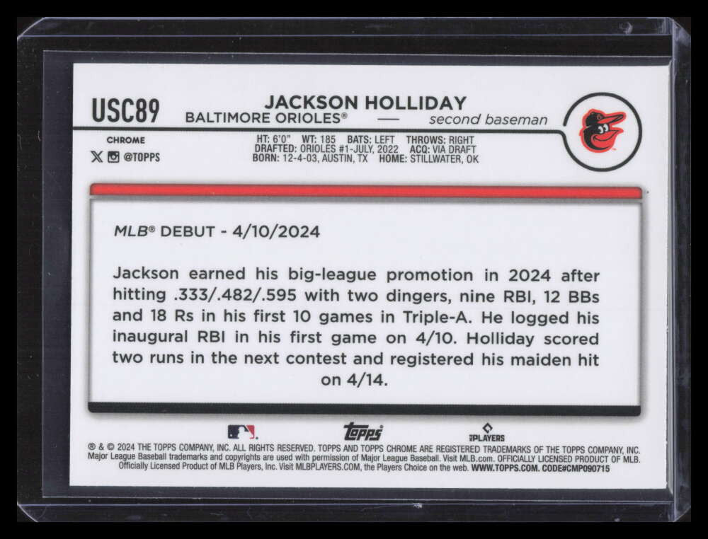 2024 Topps Chrome Update Aqua Refractor usc89 Jackson Holliday Rookie 180/199