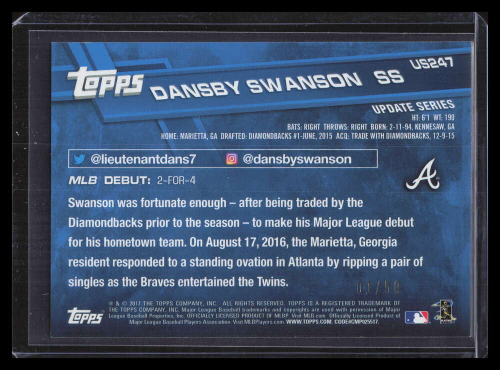 2017 Topps Update Mother's Day Pink us247 Dansby Swanson RD Rookie Debut 1/50
