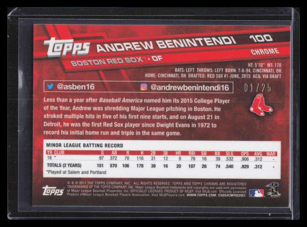 2017 Topps Chrome Orange Refractor 100b Andrew Benintendi Warp Up RC 1/25 SP