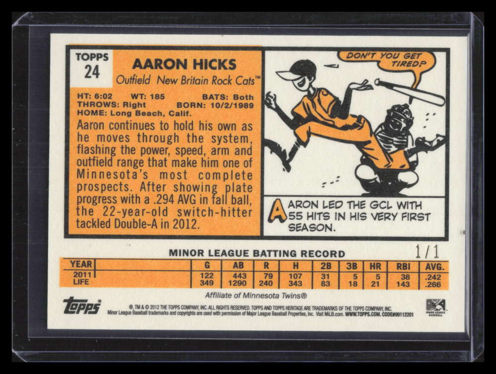 2012 Topps Heritage Minors Blue 24 Aaron Hicks Rookie 1/1