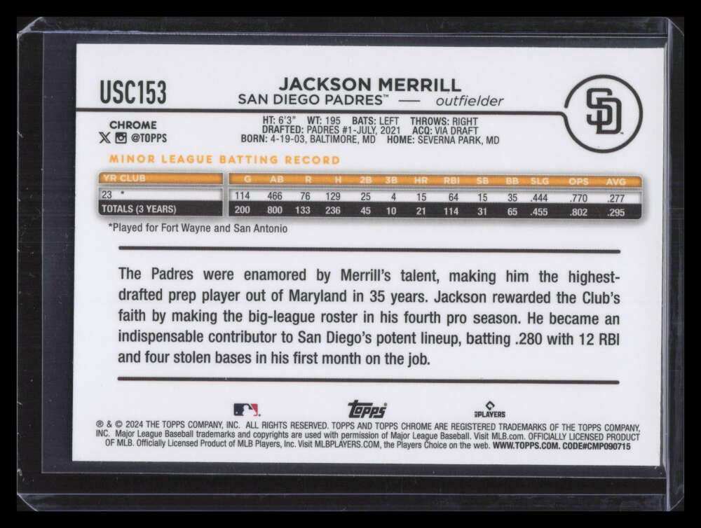 2024 Topps Chrome Update Magenta Refractor usc153 Jackson Merrill Rookie 210/399