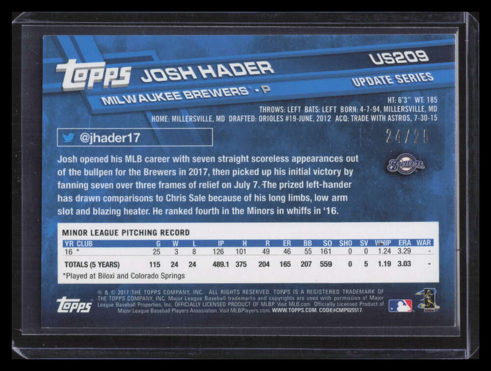 2017 Topps Update Memorial Day Camo us209 Josh Hader Rookie 24/25