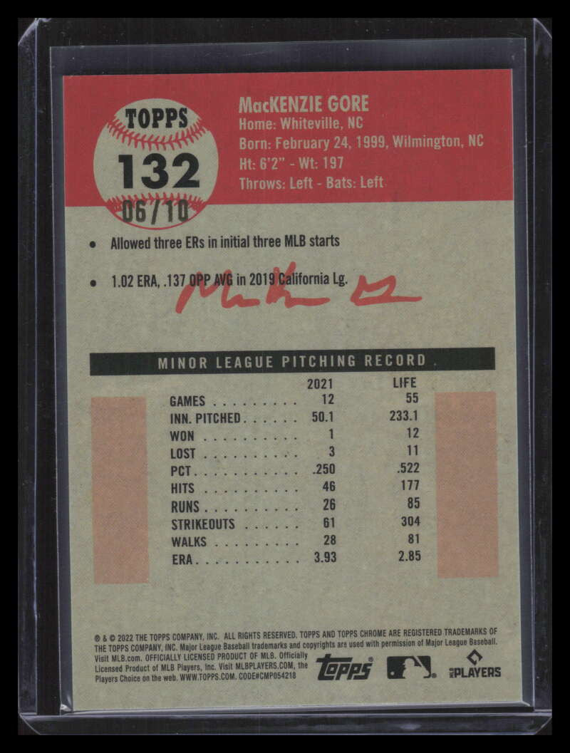 2022 Topps Chrome Platinum Toile Cream Black Refractor 142 MacKenzie Gore RC /10