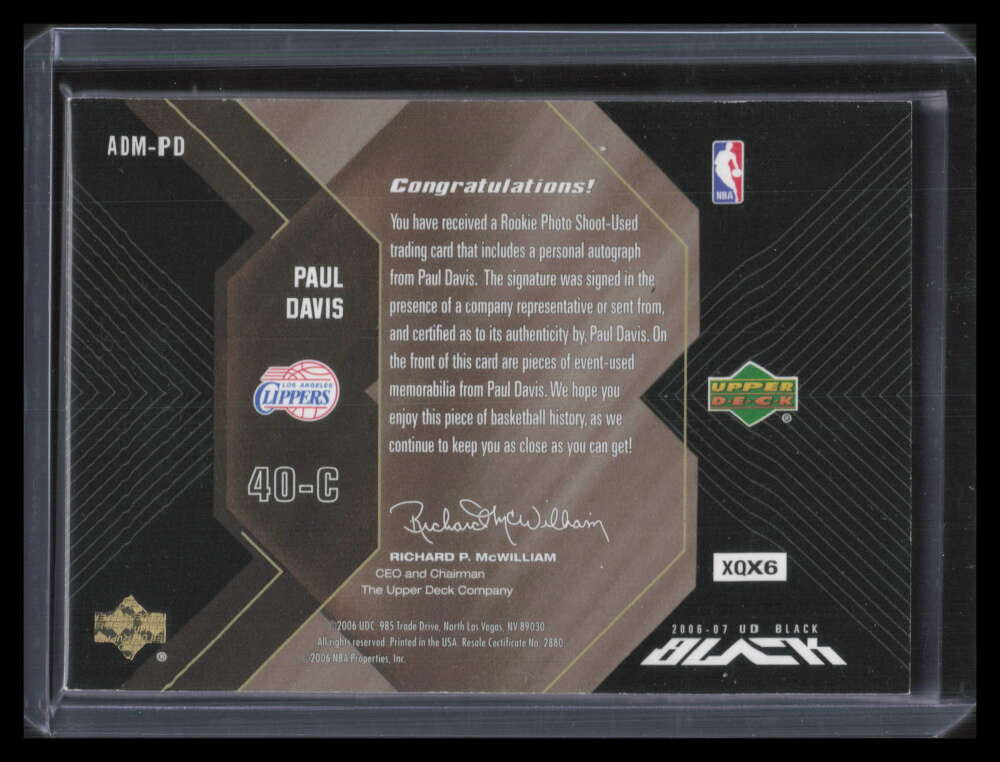 2006-07 UD Black Materials Autographs Paul Davis Rookie Dual Jersey Auto 14/15