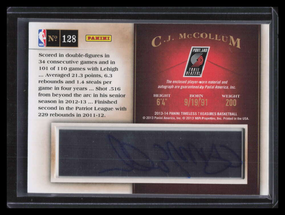 2013-14 Timeless Treasures 128 C. J. McCollum Rookie Jersey Auto