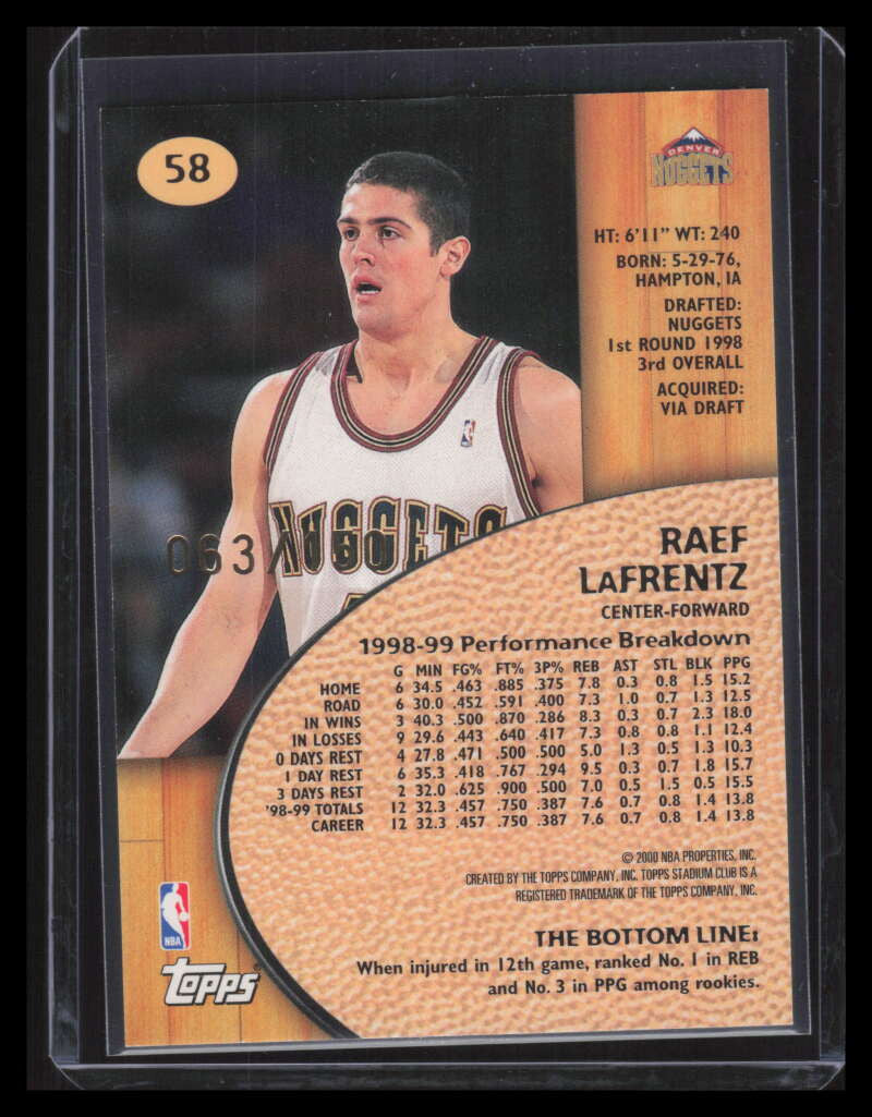 1999-00 Stadium Club One of a Kind 58 Raef LaFrentz 63/150