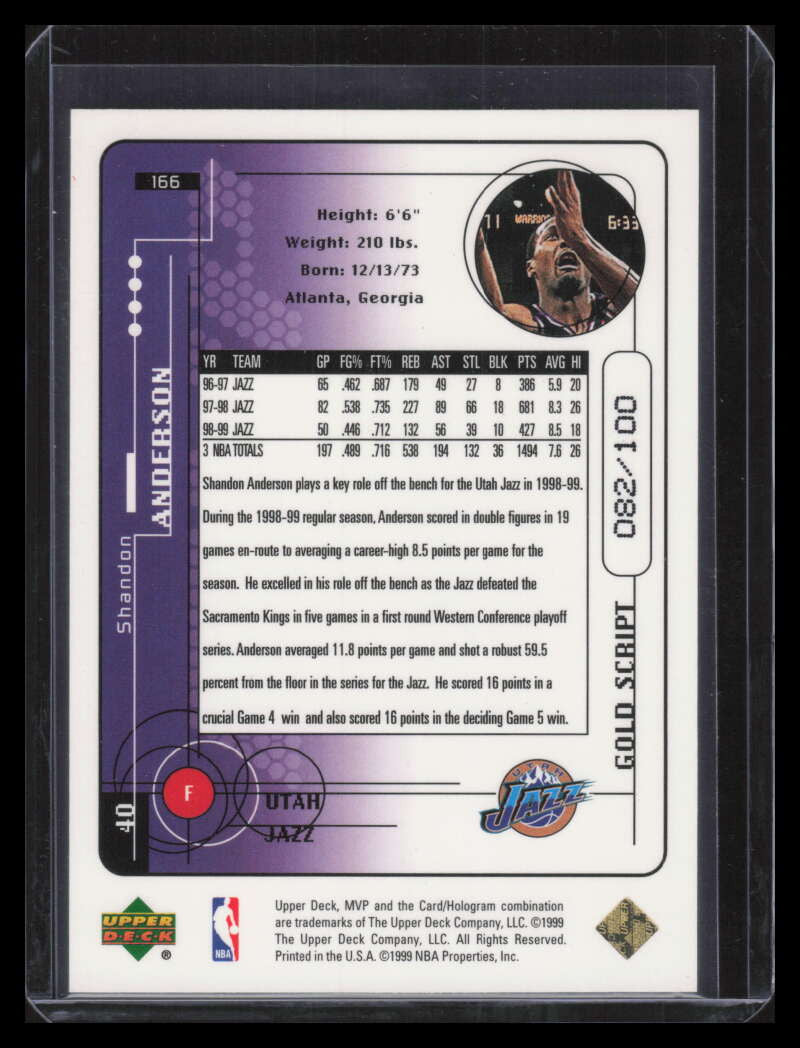1999-00 Upper Deck MVP Gold Script 166 Shandon Anderson 82/100