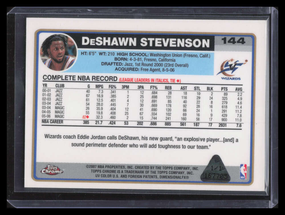 2006-07 Topps Chrome Framed Printing Plate Yellow 144 DeShawn Stevenson 1/1