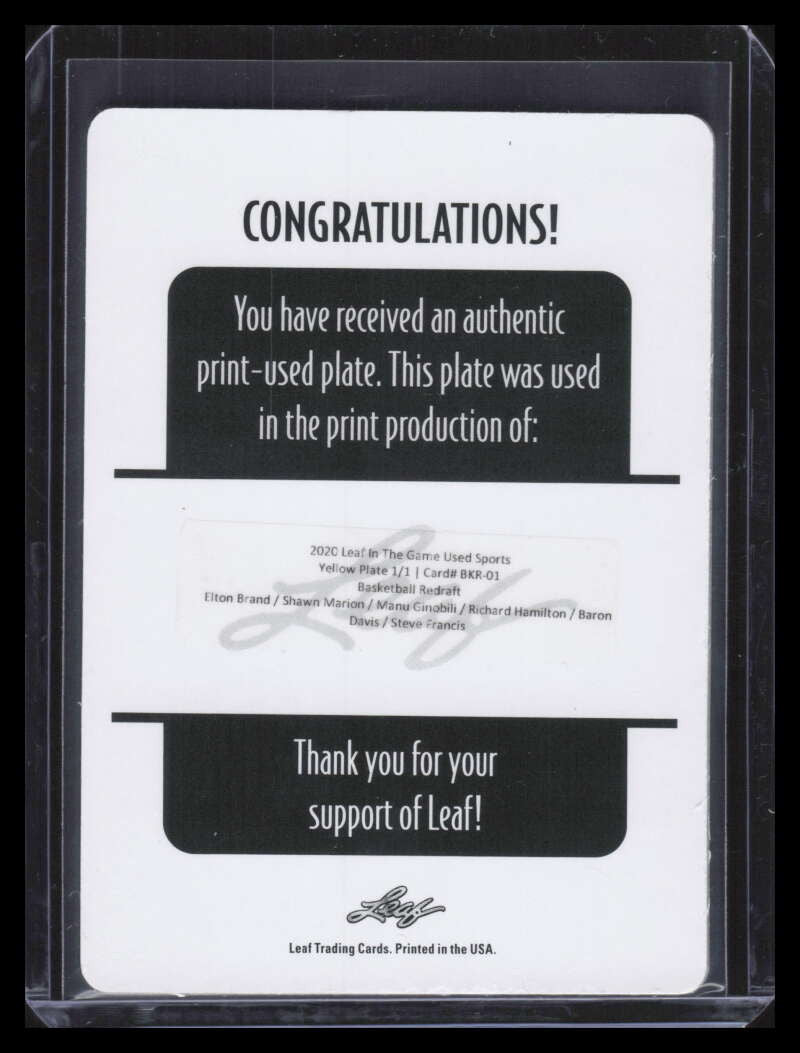 2020 ITG Redraft Printing Plate Brand Marion Ginobili Hamilton Davis Francis 1/1