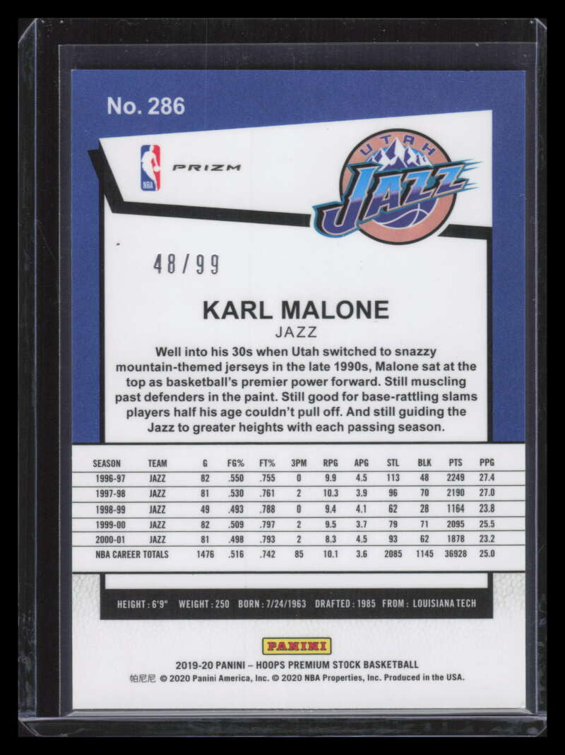 2019-20 Hoops Premium Stock Prizms Blue Lazer 286 Karl Malone 48/99
