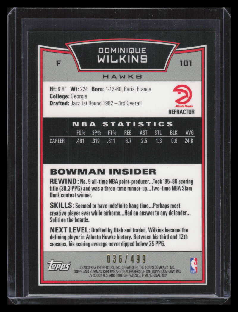 SOLD 163837 2008-09 Bowman Chrome Refractor 101 Dominique Wilkins 36/499