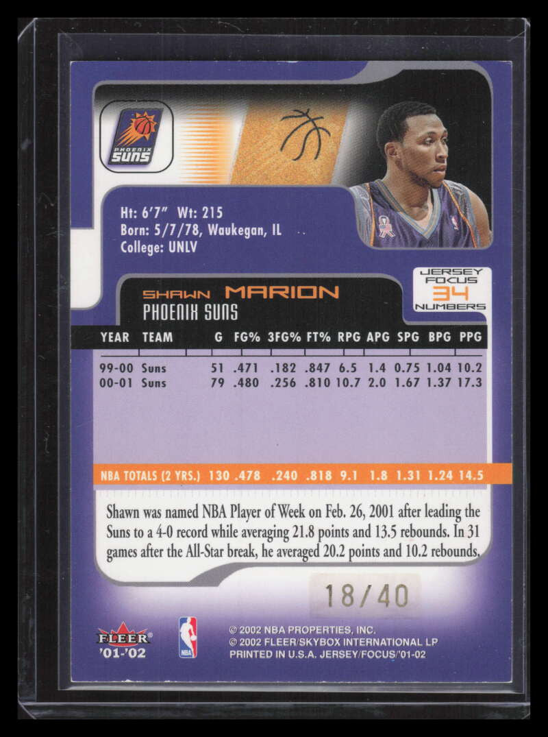 2001-02 Fleer Focus Jersey Focus Numbers 23 Shawn Marion 18/40