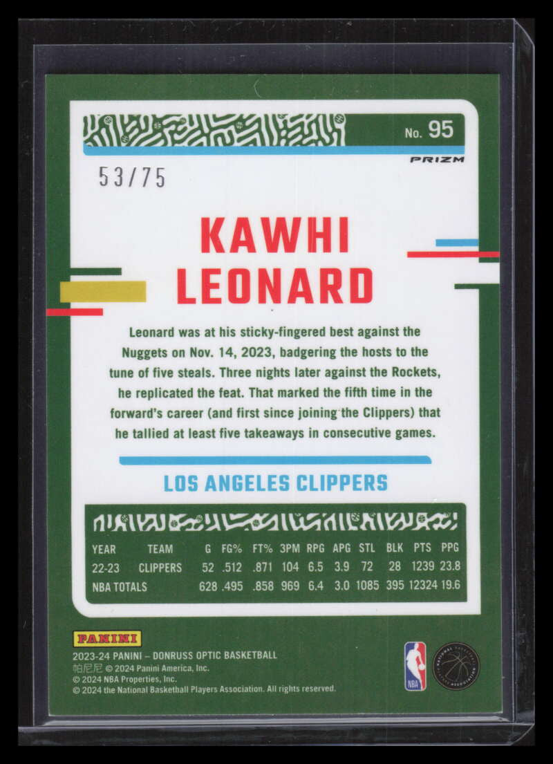 2023-24 Donruss Optic Fast Break Red Refractor 95 Kawhi Leonard 53/75