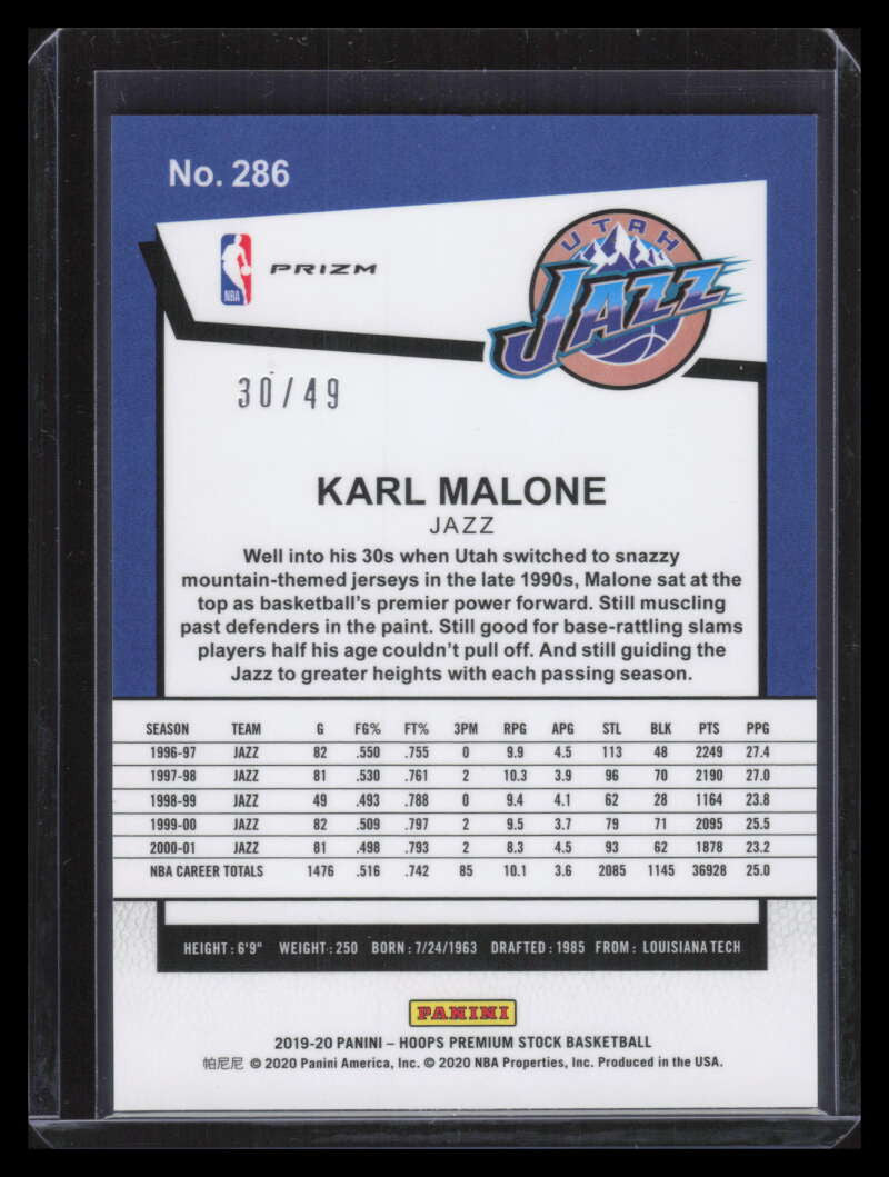 2019-20 Hoops Premium Stock Prizms Blue Flash Refractor 286 Karl Malone 30/49