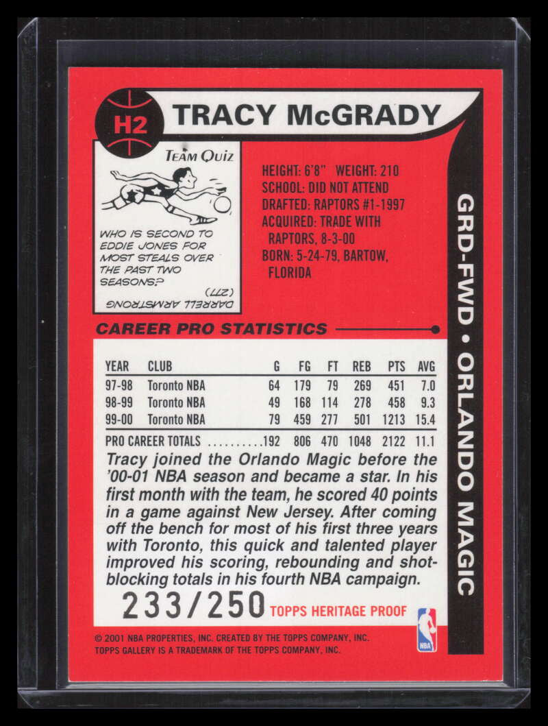 2000-01 Topps Gallery Heritage Proofs h2 Tracy McGrady 233/250