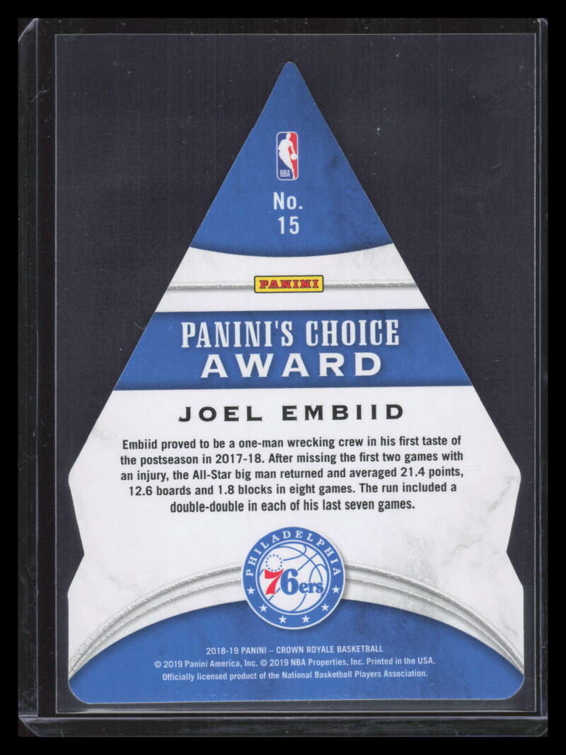 SOLD 163922 2018-19 Crown Royale Panini's Choice Award Blue 15 Joel Embiid 4/49
