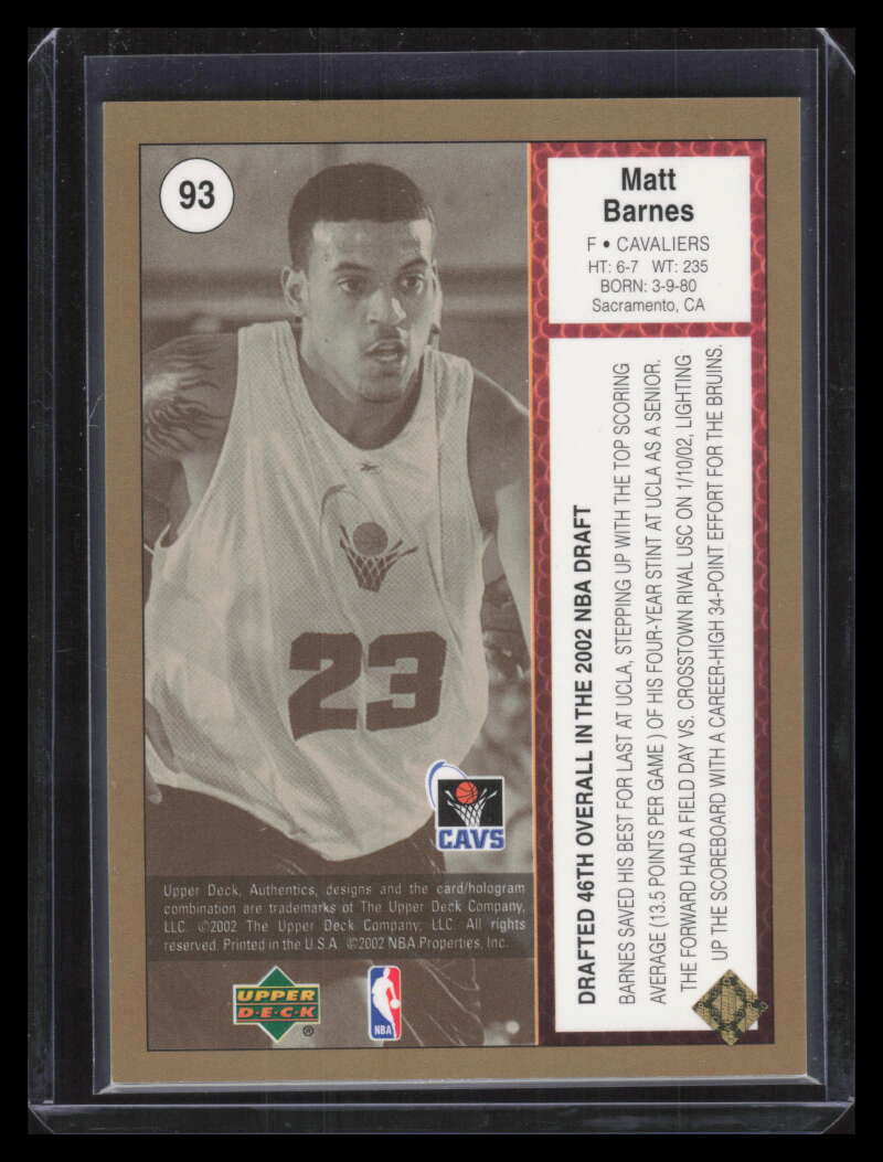 2002-03 UD Authentics Gold 93 Matt Barnes Rookie 85/100