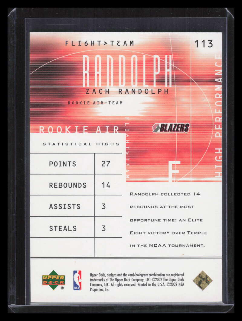 2001-02 Upper Deck Flight Team Gold 113c Zach Randolph Rookie 40/50