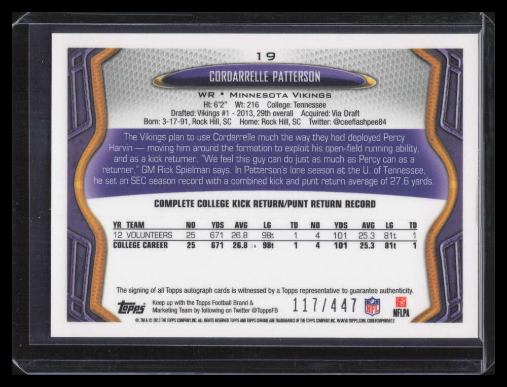 2013 Topps Chrome Rookie Autographs 19 Cordarrelle Patterson Rookie Auto 117/447