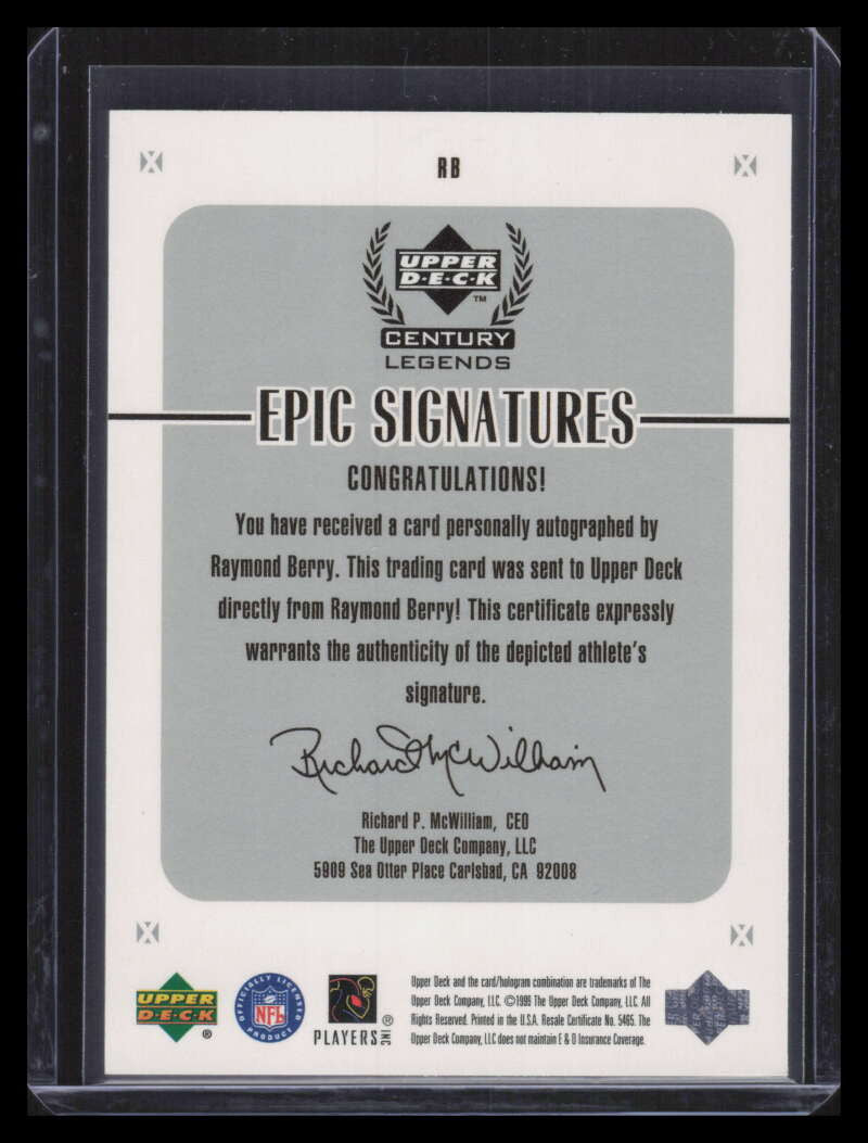 1999 Upper Deck Century Legends Epic Signatures RB Raymond Berry Auto