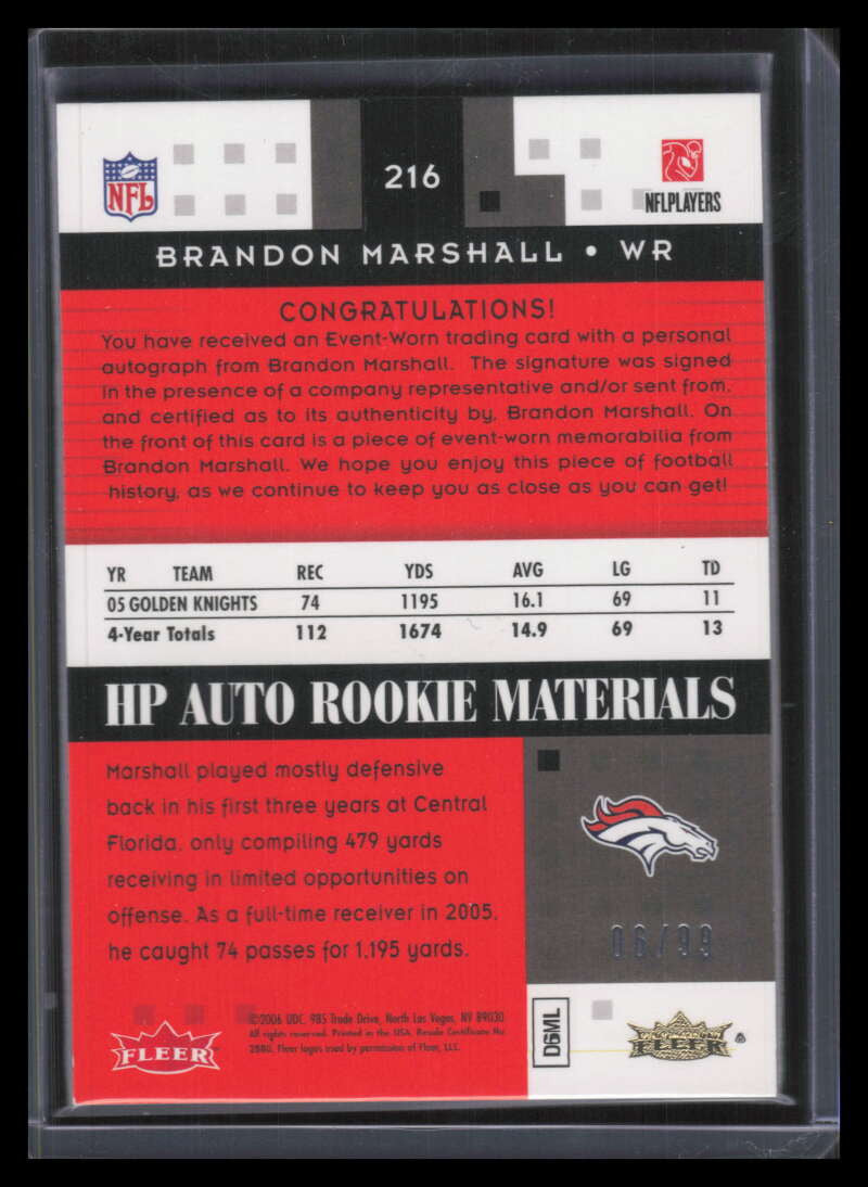 2006 Hot Prospects Red Hot 216 Brandon Marshall Rookie Quad Ball Auto 6/99