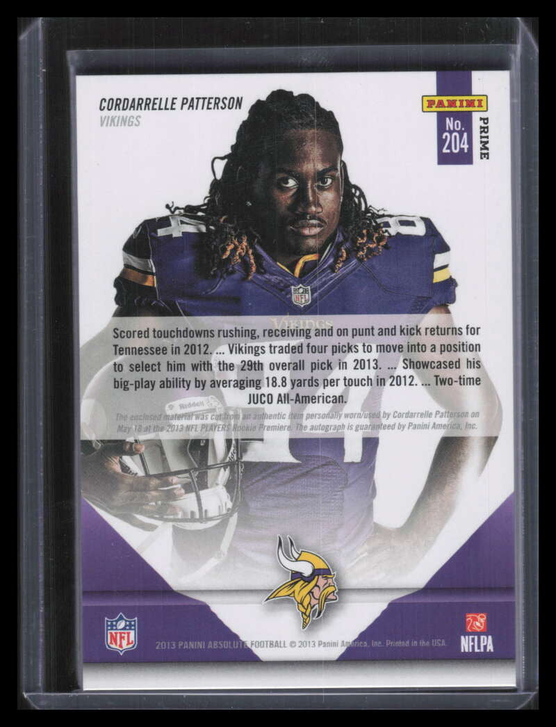 2013 Absolute RPM Autographs Prime 204 Cordarrelle Patterson RC Patch Auto 35/49