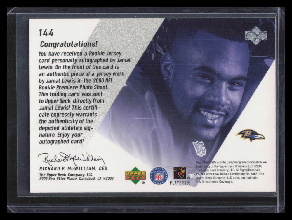 2000 SPx 144 Jamal Lewis Rookie Jersey Auto 1553/2000