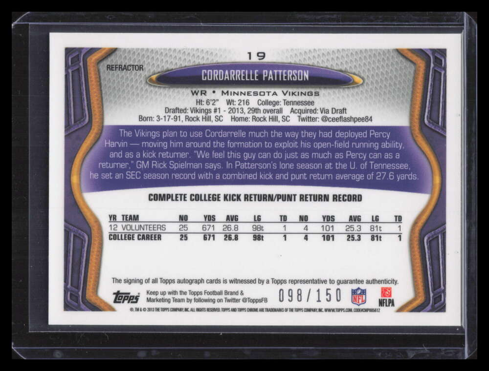 SOLD 164148 2013 Topps Chrome Autographs Refractor Cordarrelle Patterson Rookie Auto 98/150