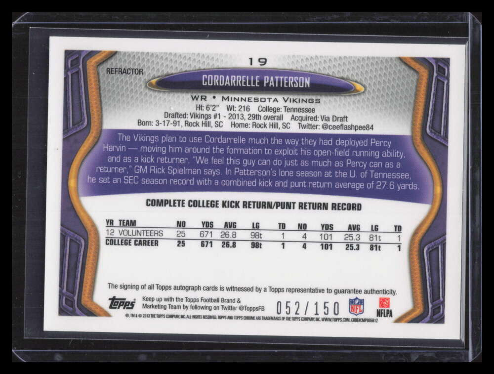 SOLD 164149 2013 Topps Chrome Autographs Refractor Cordarrelle Patterson Rookie Auto 52/150