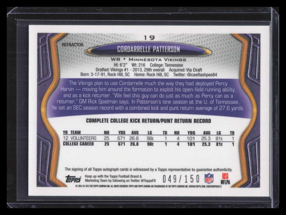 SOLD 164150 2013 Topps Chrome Autographs Refractor Cordarrelle Patterson Rookie Auto 49/150