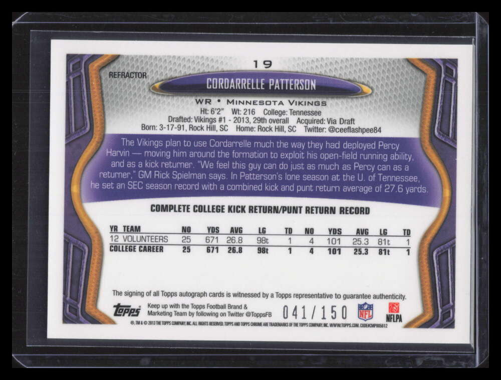 SOLD 164151 2013 Topps Chrome Autographs Refractor Cordarrelle Patterson Rookie Auto 41/150