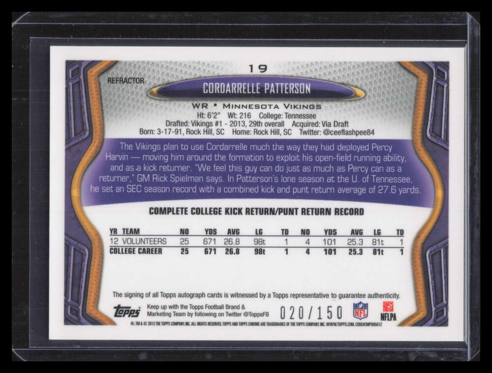 SOLD 164152 2013 Topps Chrome Autographs Refractor Cordarrelle Patterson Rookie Auto 20/150