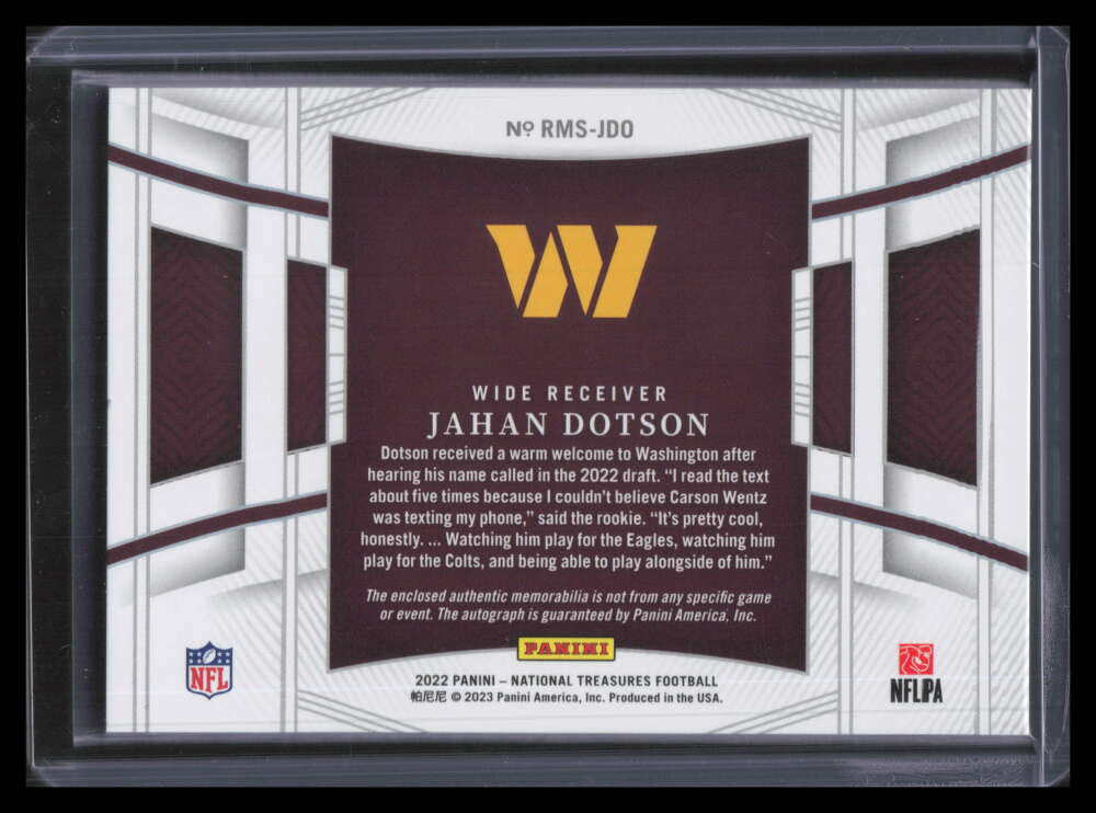 2022 National Treasures Material Signatures Jahan Dotson Rookie Patch Auto 32/99