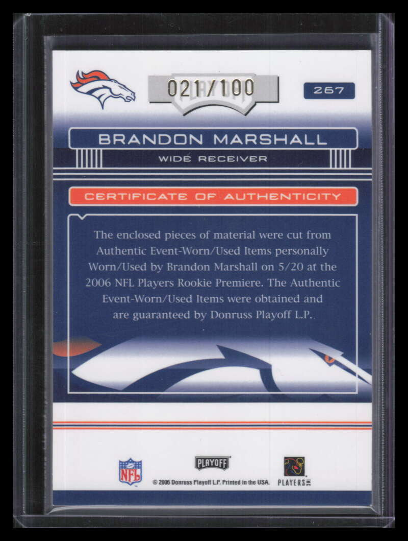 2006 Absolute RPM Autograph 267 Brandon Marshall RC Triple Ball Jersey Auto /100