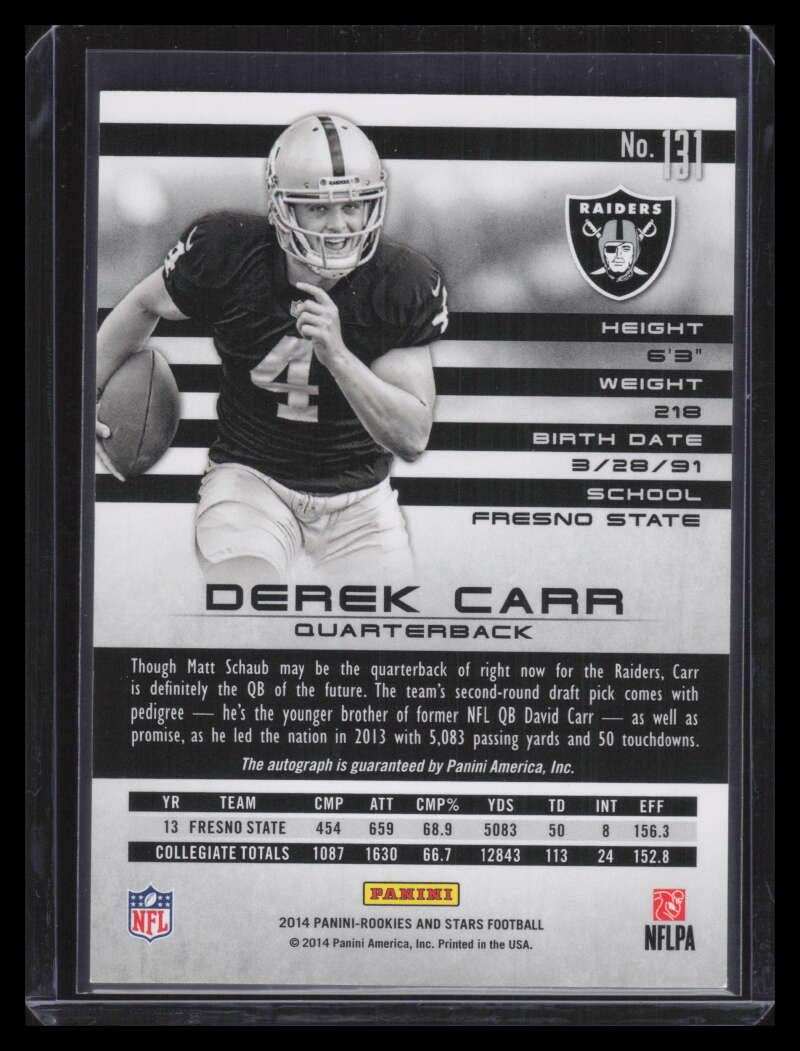 2014 Rookies and Stars Autographs Longevity Holofoil 131 Derek Carr RC Auto 9/49