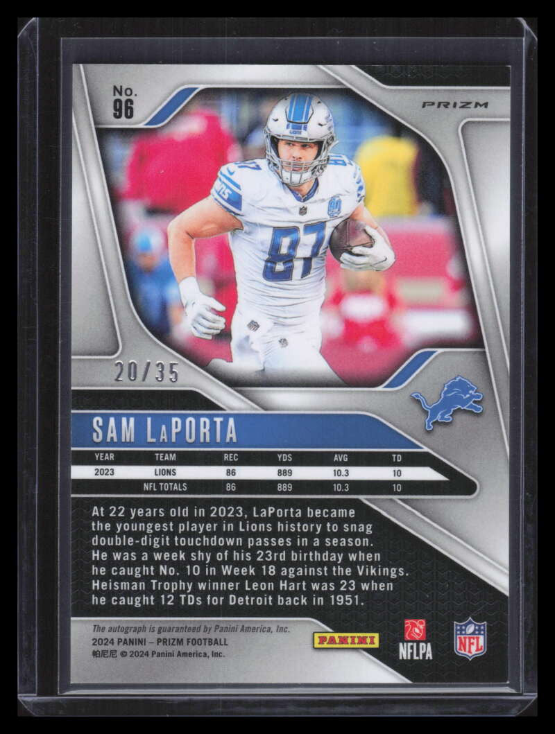 2024 Panini Prizm Autographs Prizms Red Shimmer 96 Sam LaPorta Auto 20/35