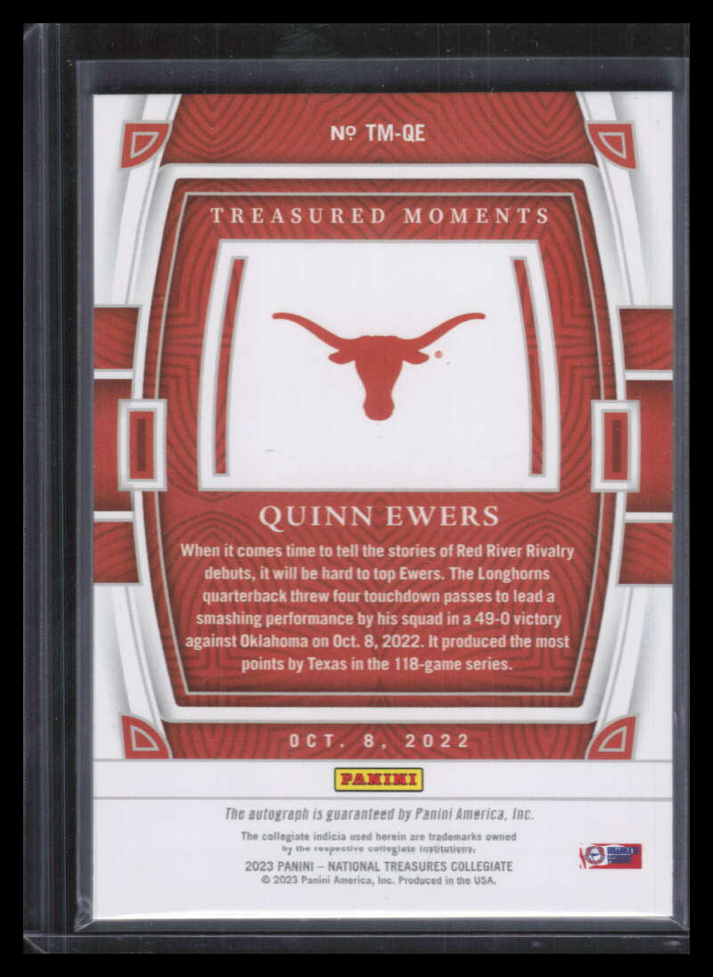 2023 Panini National Treasures Treasured Moments 5 Quinn Ewers Rookie Auto 9/39