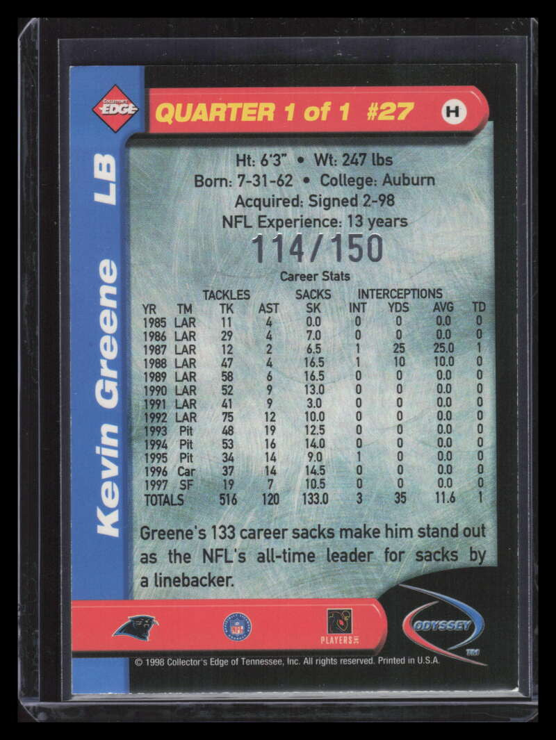 1998 Collector's Edge Odyssey Level 2 HoloGold h27 Kevin Greene 114/150