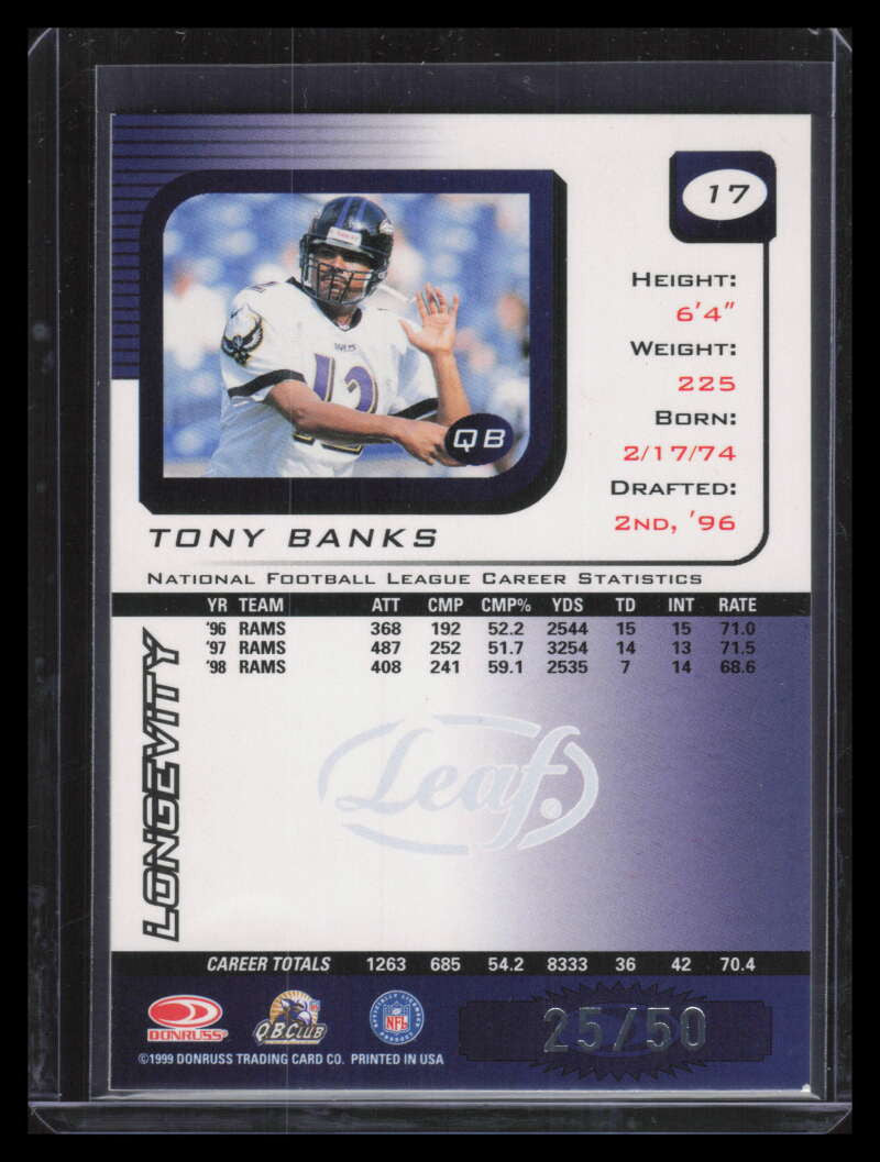 1999 Leaf Rookies and Stars Longevity 17 Tony Banks 25/50