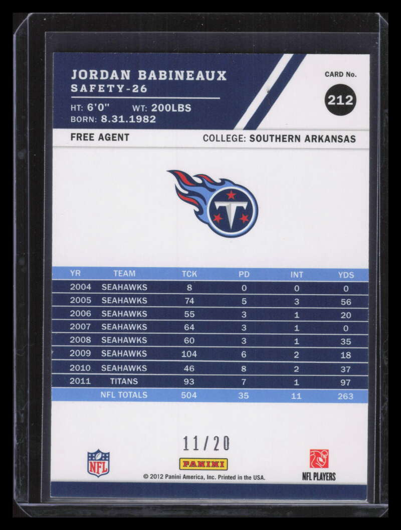 2012 Score Red Zone 212 Jordan Babineaux 11/20