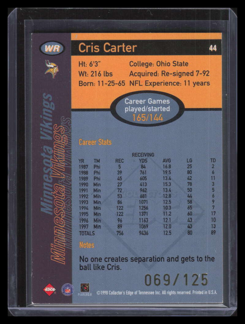 1998 Collector's Edge First Place 50-Point Silver 44 Cris Carter 69/125
