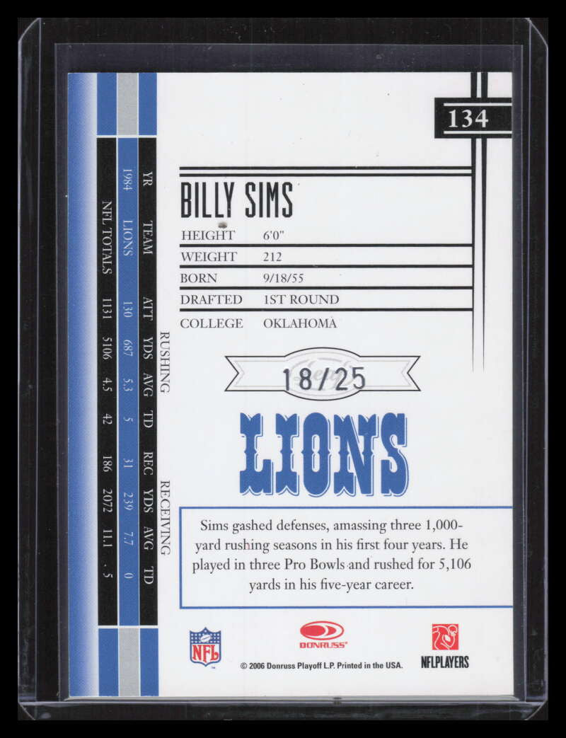 2006 Leaf Limited Silver Spotlight 134 Billy Sims 18/25
