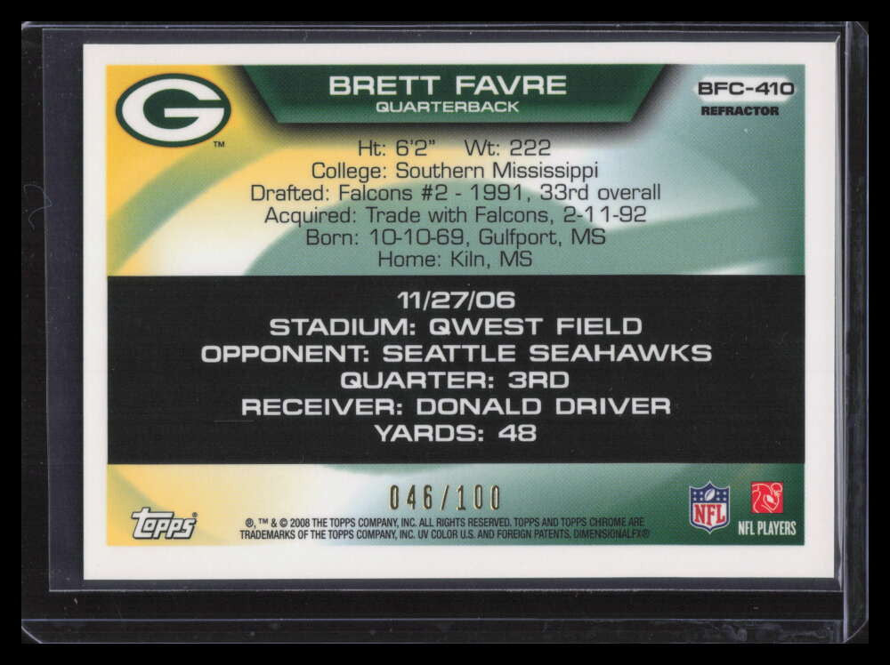 2008 Topps Chrome Flight 420 Collection White Refractor bf410 Brett Favre 46/100