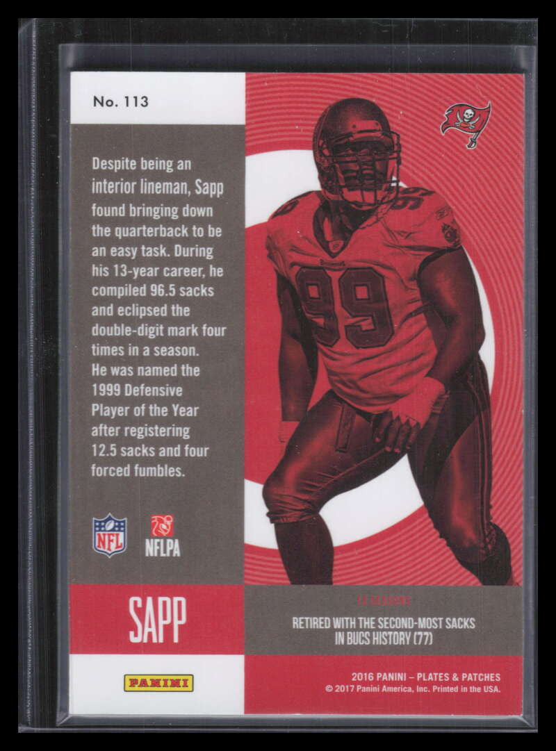 2016 Panini Plates and Patches Red 113 Warren Sapp RET 7/10 Retired