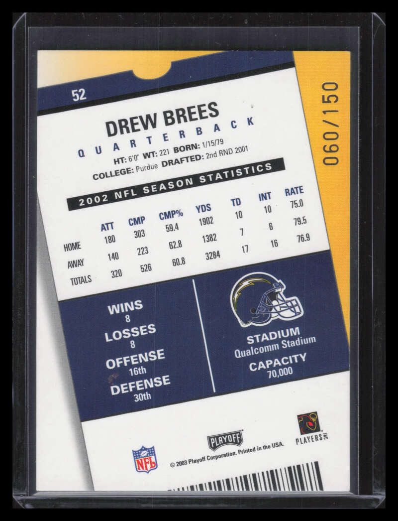 2003 Playoff Contenders Playoff Ticket 52 Drew Brees 60/150