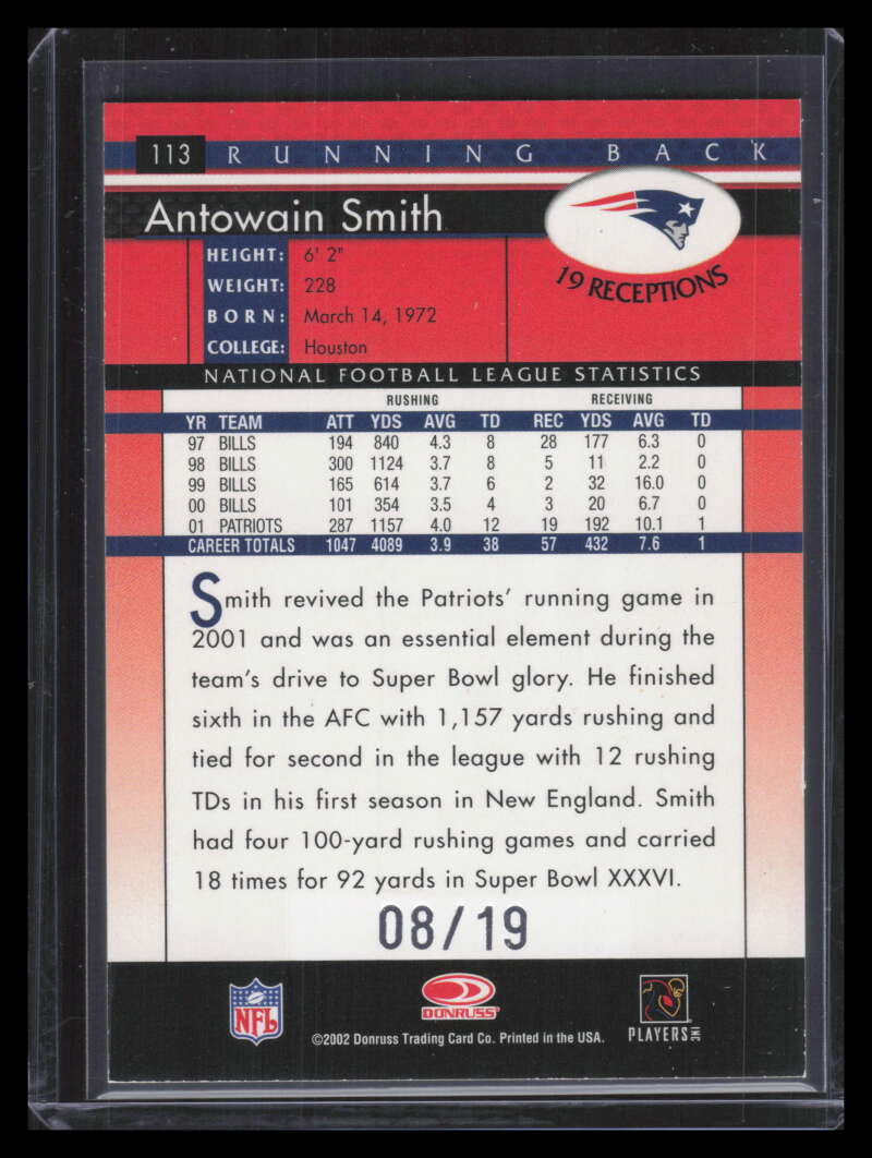 2002 Donruss Stat Line Season 113 Antowain Smith 8/19