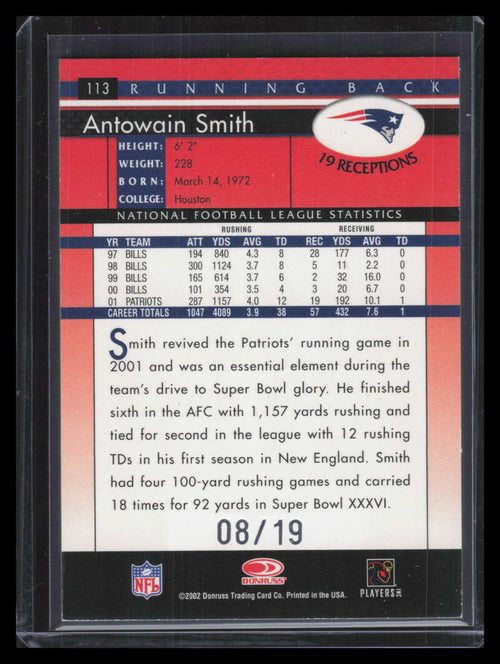 2002 Donruss Stat Line Season 113 Antowain Smith 8/19