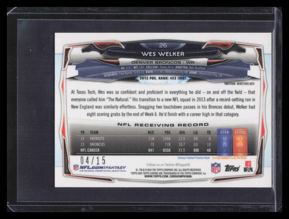 2014 Topps Chrome Mini Black Refractor 26 Wes Welker 4/15