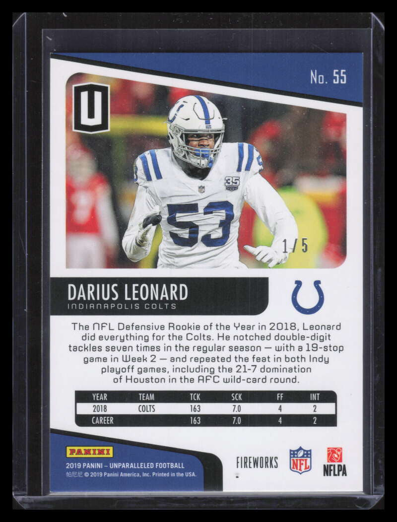 2019 Panini Unparalleled Fireworks 55 Darius Leonard 1/5