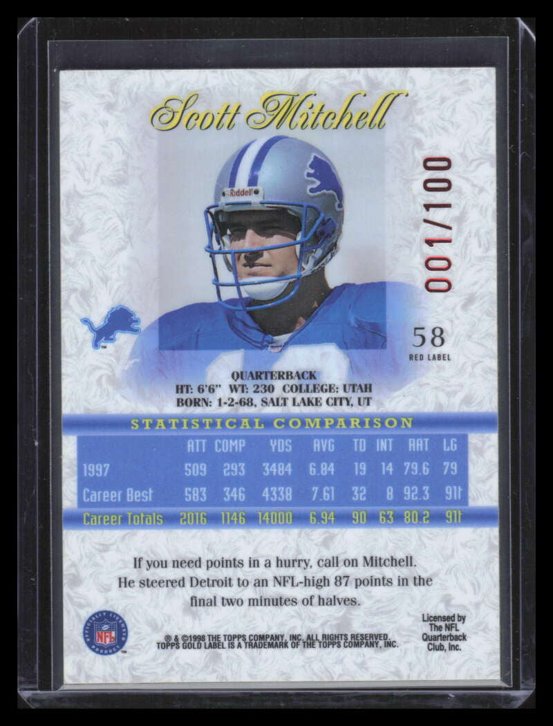 1998 Topps Gold Label Class 1 Red 58 Scott Mitchell 1/100
